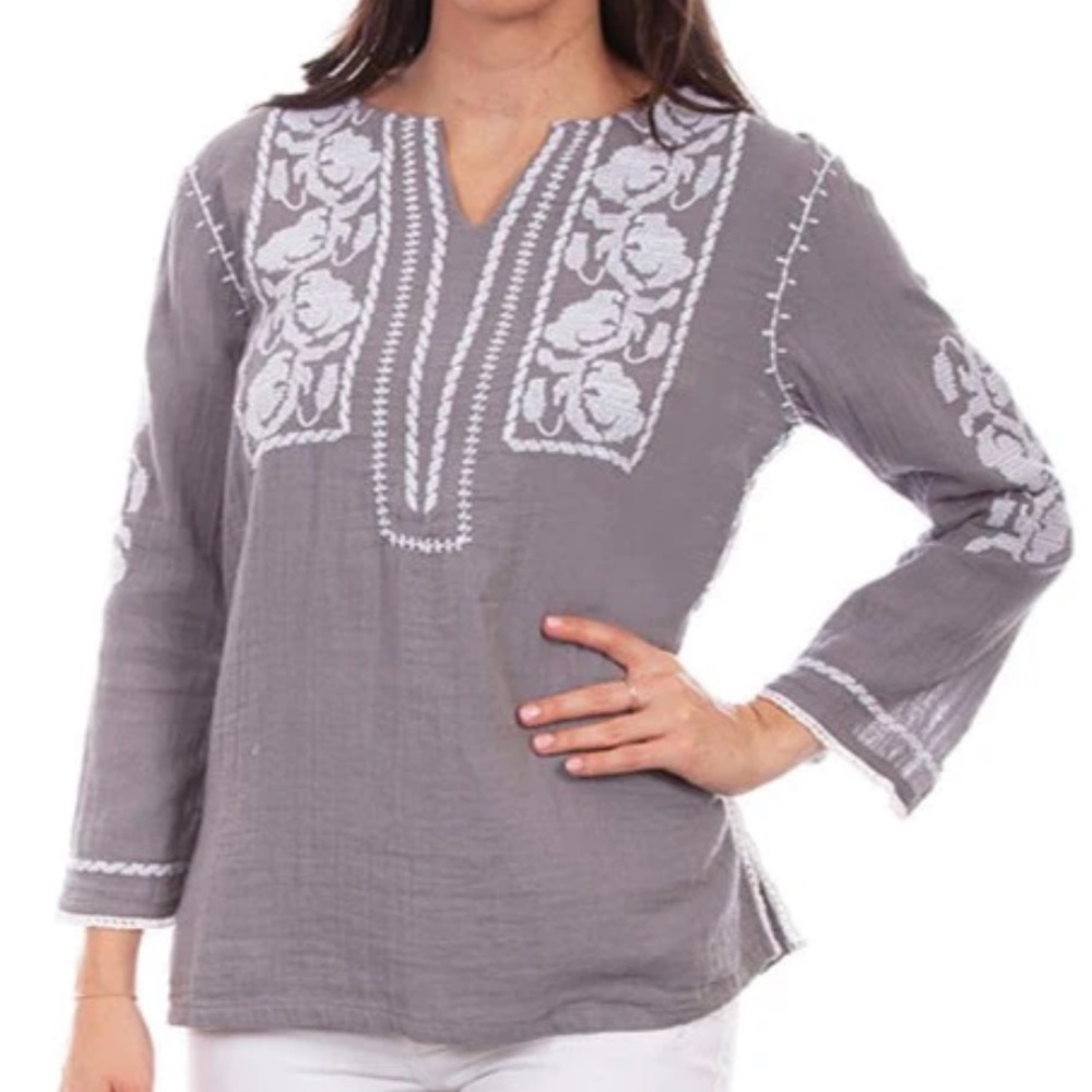 Scully Embroidered Grey long Sleeve Tunic, size S